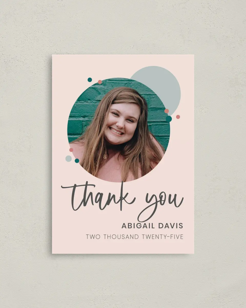 This is a 4" x 5.6" Graduation Thank You Postcard called Class Ring printed in full color on Soft Touch Finish paper