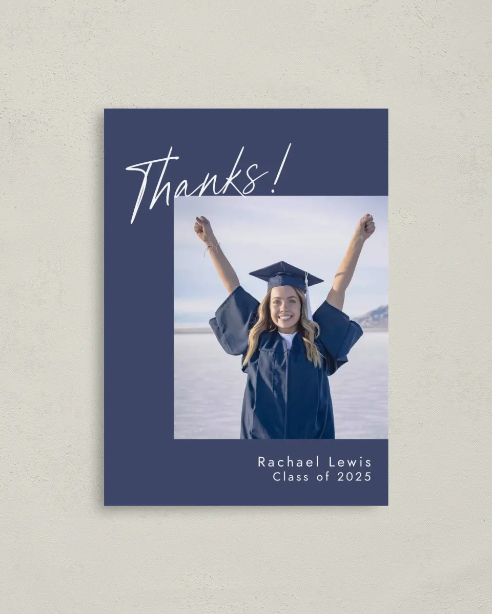 This is a 4" x 5.6" Graduation Thank You Postcard called Smart Script printed in full color on Soft Touch Finish paper