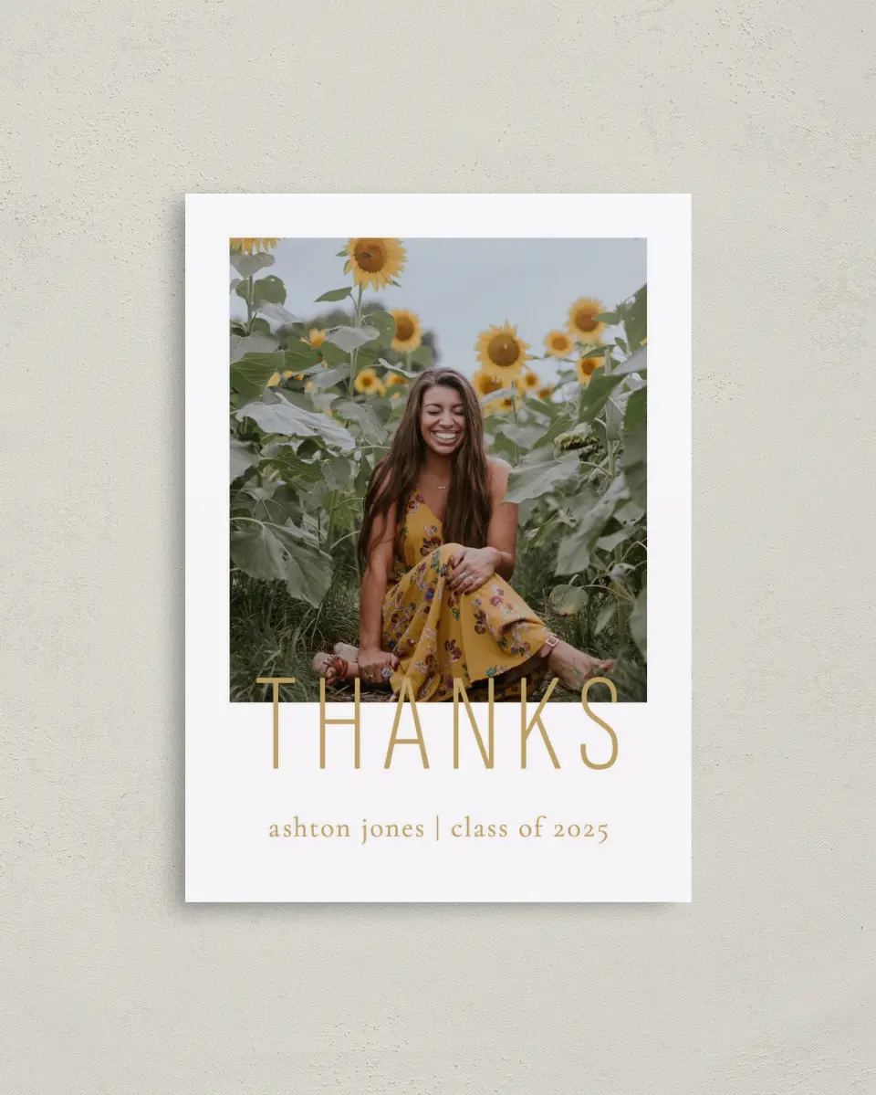 This is a 4" x 5.6" Graduation Thank You Postcard called Extraordinary Year printed in full color on Soft Touch Finish paper