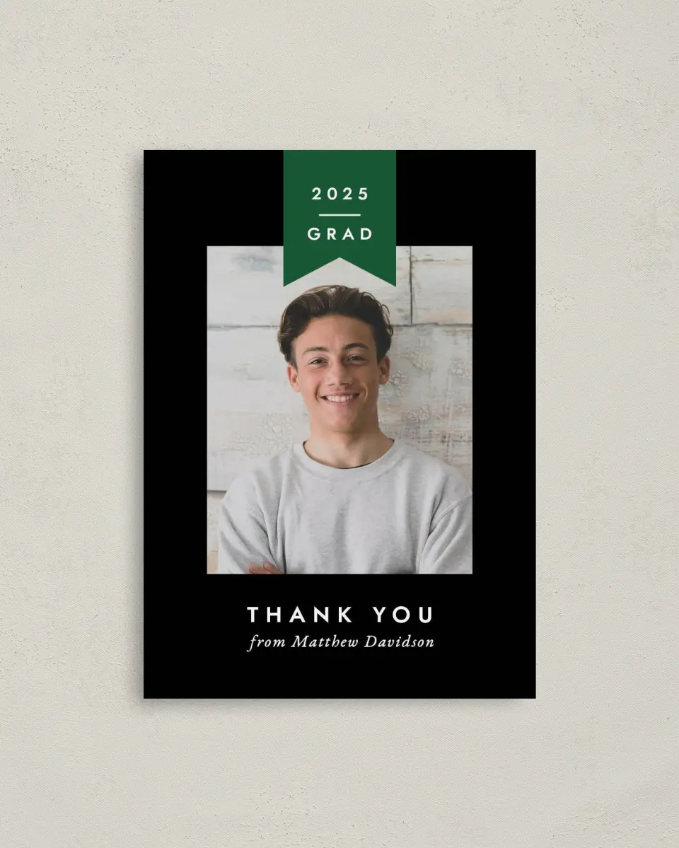 This is a 4" x 5.6" Graduation Thank You Postcard called Grad Banner printed in full color with Rose Gold foil on Soft Touch Finish paper