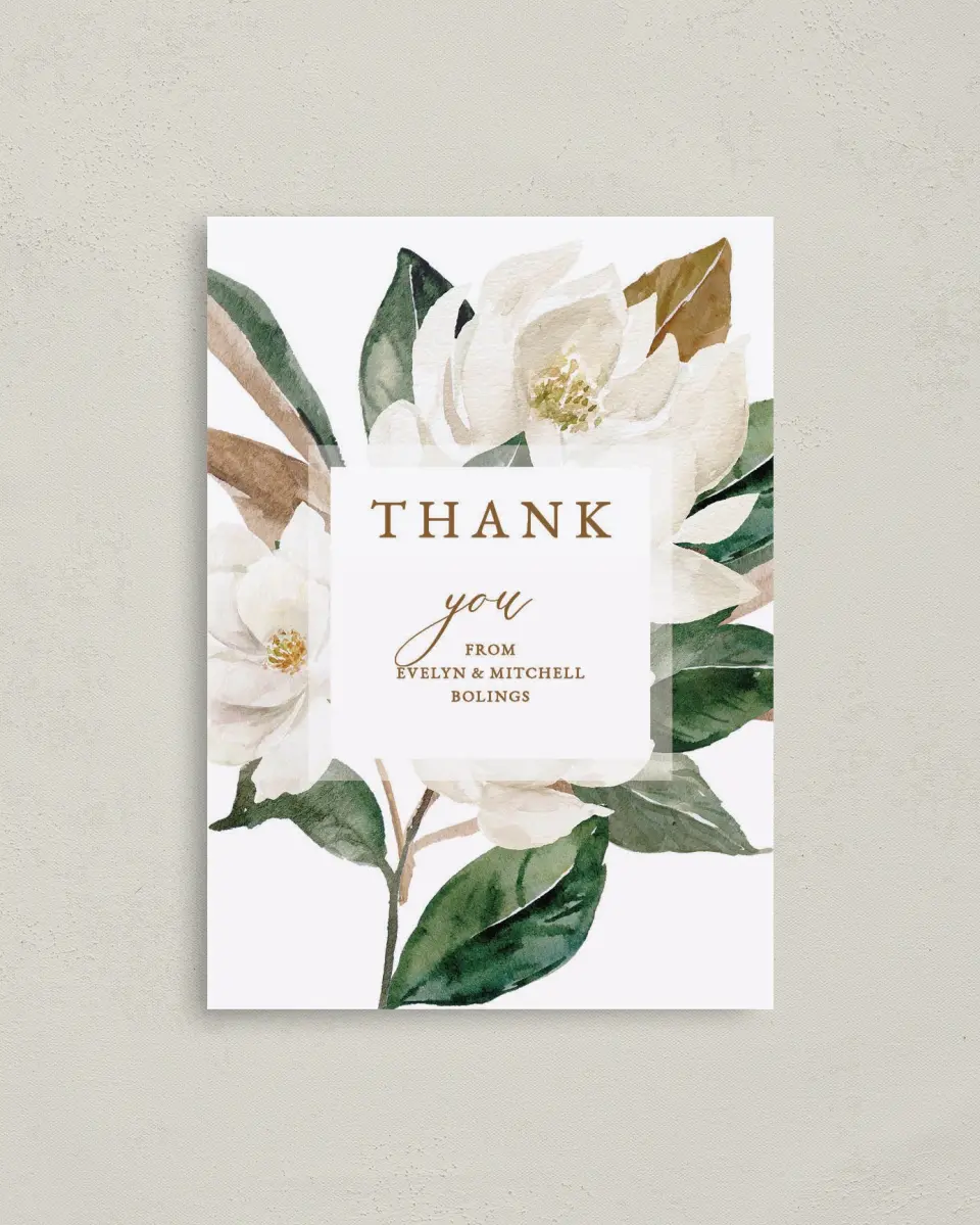 This is a 4" x 5.6" Thank You Postcard called Soft Magnolia printed in full color on Soft Touch Finish paper