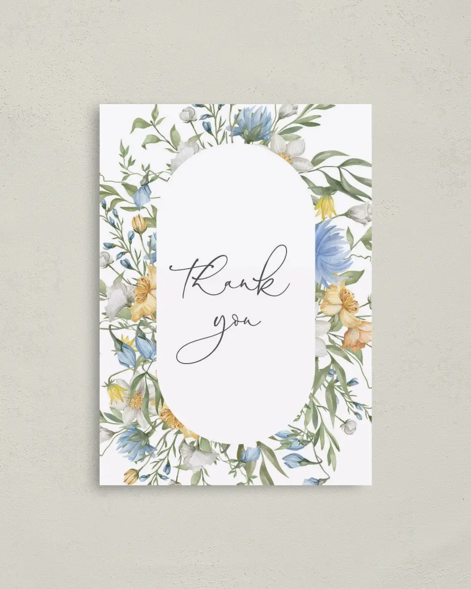 This is a 4" x 5.6" Newlywed called Garden Party printed in full color on Soft Touch Finish paper