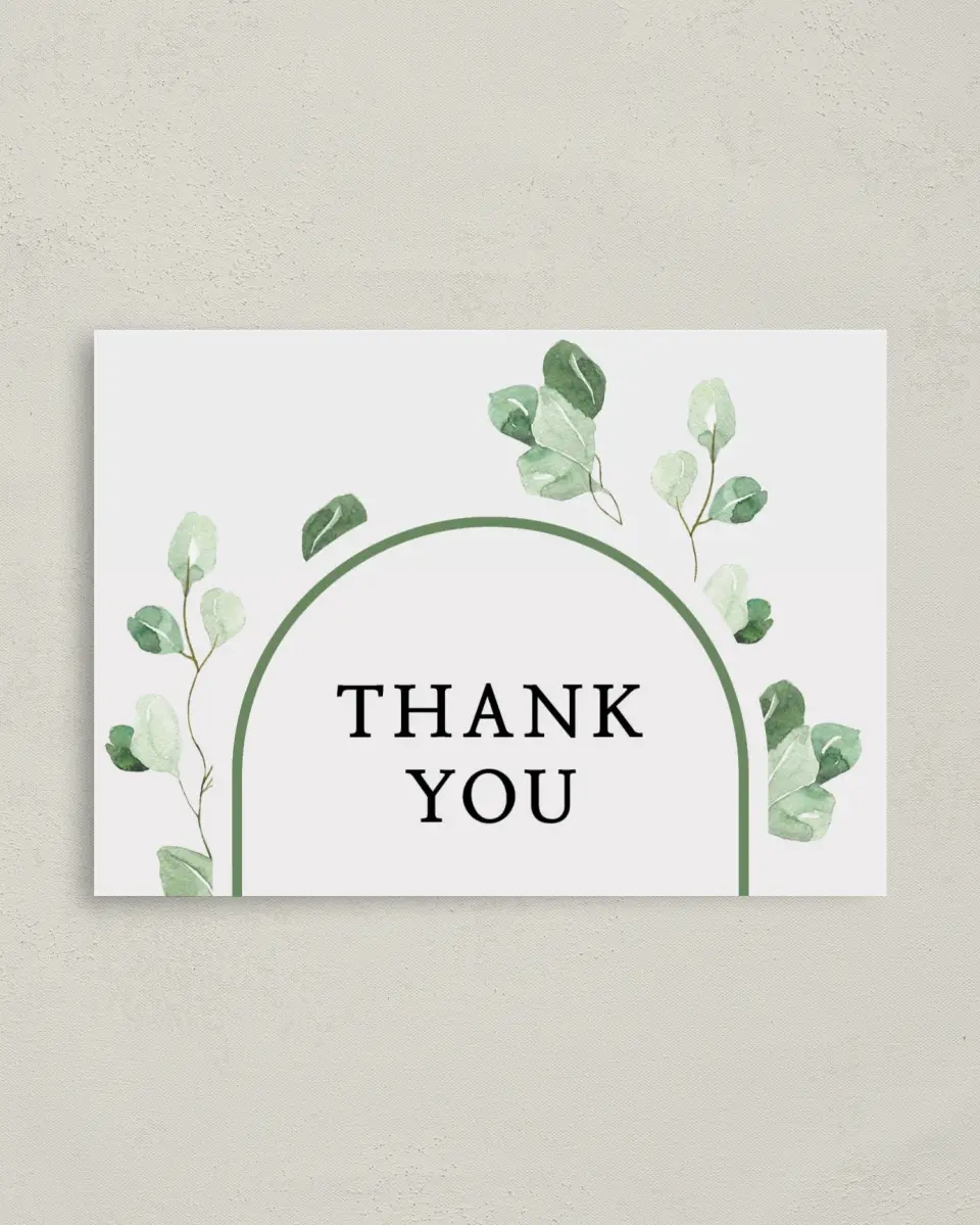 This is a 4" x 5.6" Newlywed called Mod Greenery printed in full color on Soft Touch Finish paper