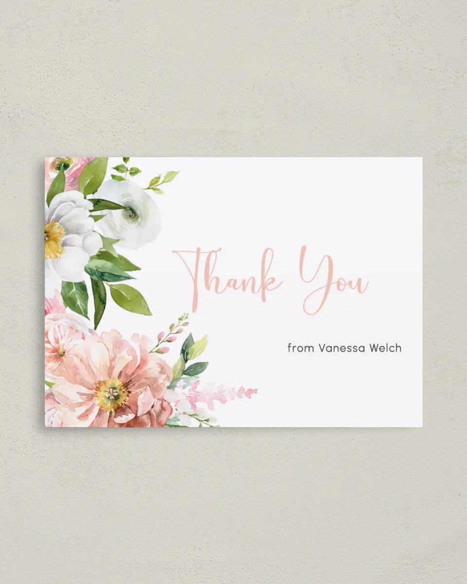 This is a 4" x 5.6" Graduation Thank You Postcard called Blossoming Baby printed in full color on Soft Touch Finish paper