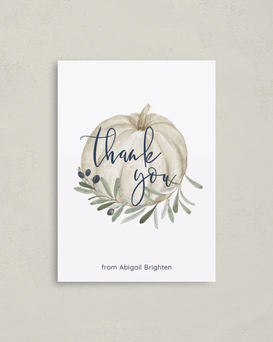 This is a 4" x 5.6" Graduation Thank You Postcard called Little Pumpkin printed in full color on Soft Touch Finish paper