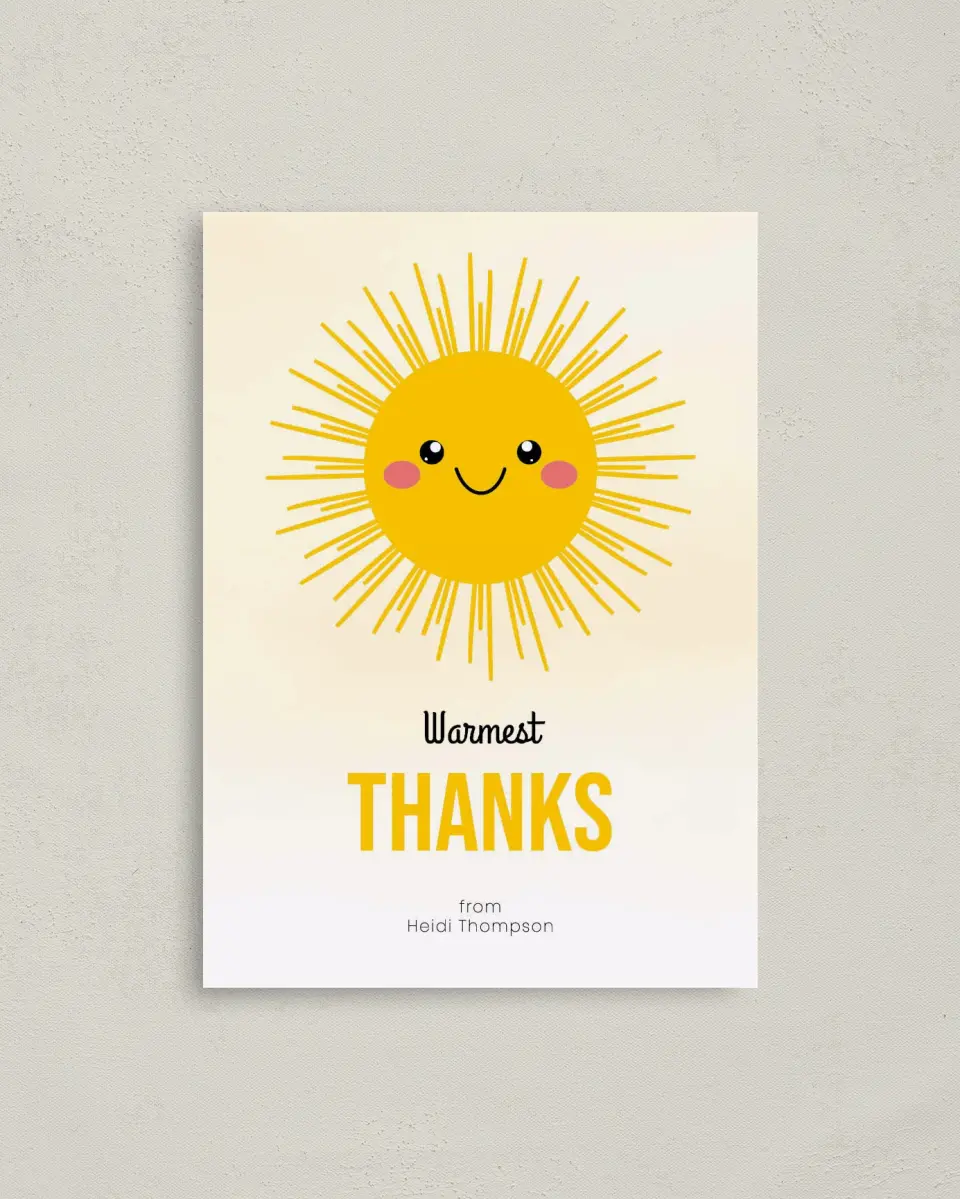 This is a 4" x 5.6" Graduation Thank You Postcard called Little Sunshine printed in full color on Soft Touch Finish paper