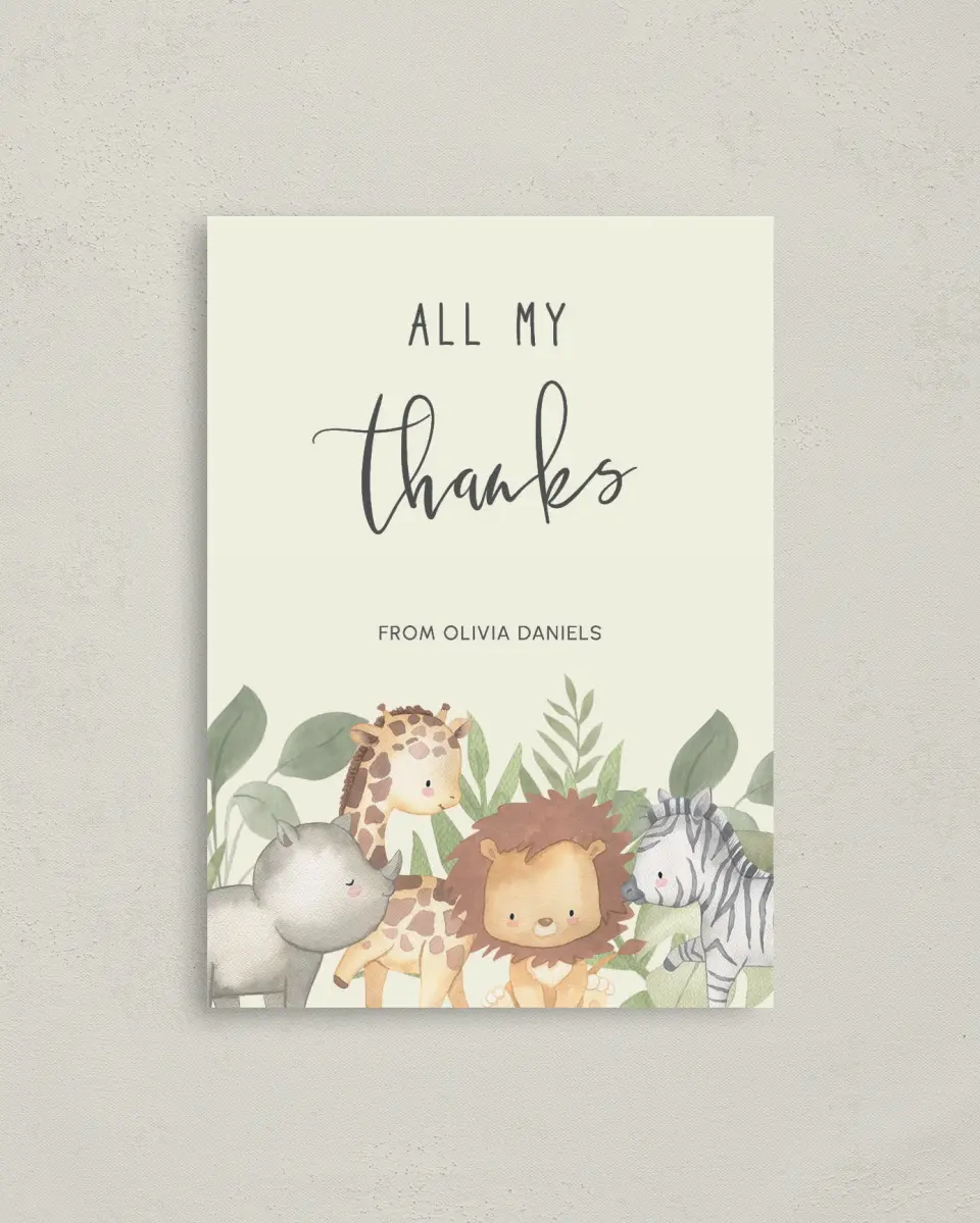 This is a 4" x 5.6" Graduation Thank You Postcard called Sweet Safari printed in full color on Soft Touch Finish paper