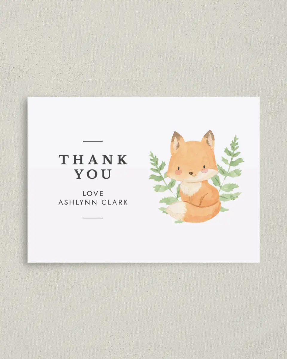 This is a 4" x 5.6" Graduation Thank You Postcard called Baby Fox printed in full color on Soft Touch Finish paper