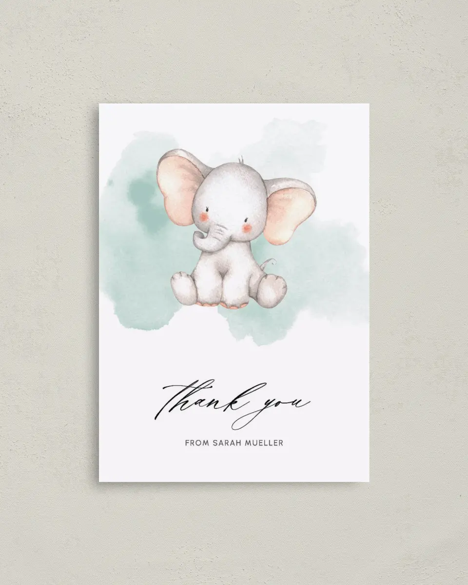 This is a 4" x 5.6" Graduation Thank You Postcard called Little Elephant printed in full color on Soft Touch Finish paper