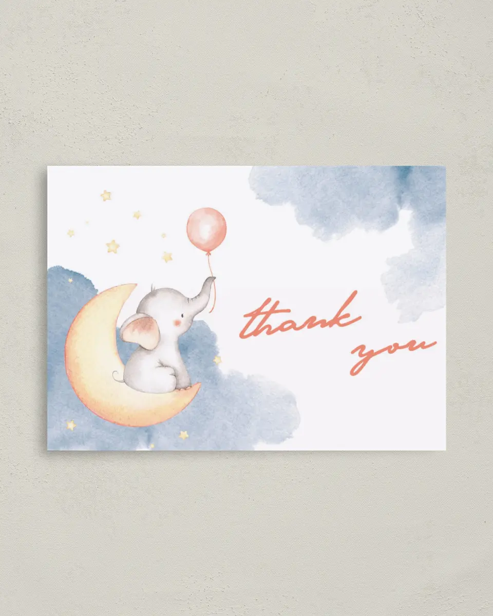 This is a 4" x 5.6" Graduation Thank You Postcard called Elephant Moon printed in full color on Soft Touch Finish paper