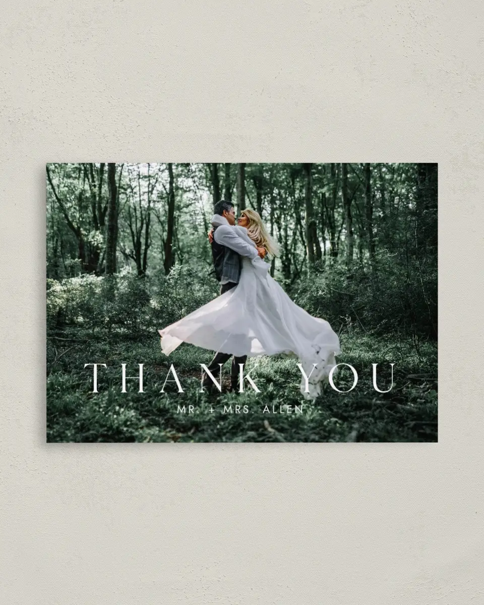 This is a 4" x 5.6" Thank You Postcard called Stacked Pair printed in full color on Soft Touch Finish paper