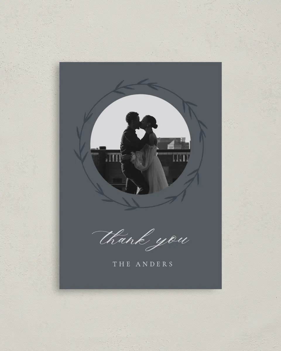 This is a 4" x 5.6" Thank You Postcard called Subtle Wreath printed in full color on Soft Touch Finish paper