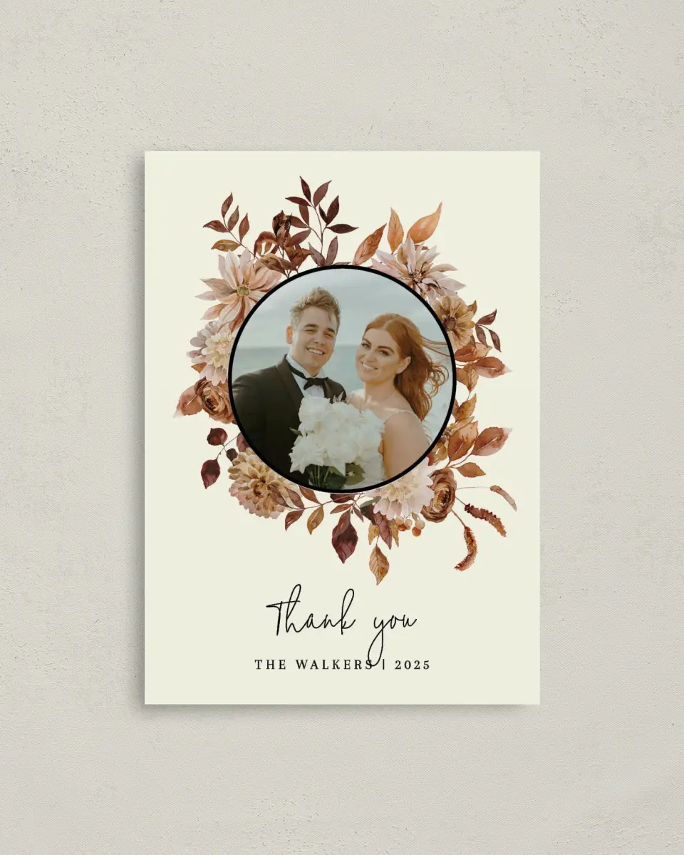 This is a 4" x 5.6" Thank You Postcard called Country Blooms printed in full color on Soft Touch Finish paper