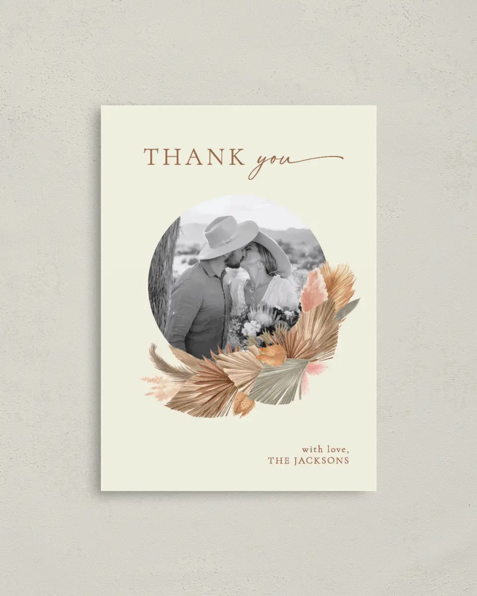 This is a 4" x 5.6" Thank You Postcard called Sandy Fronds printed in full color on Soft Touch Finish paper