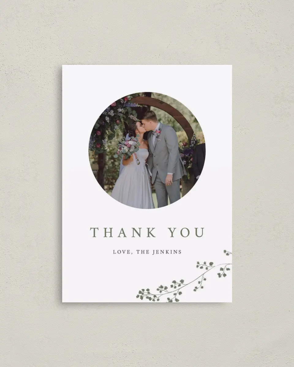 This is a 4" x 5.6" Thank You Postcard called Fresh Tendrils printed in full color on Soft Touch Finish paper