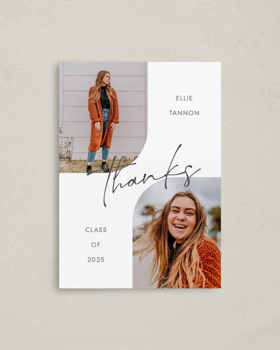 This is a 4" x 5.6" Graduation Thank You Postcard called Commencement Corners printed in full color on Soft Touch Finish paper