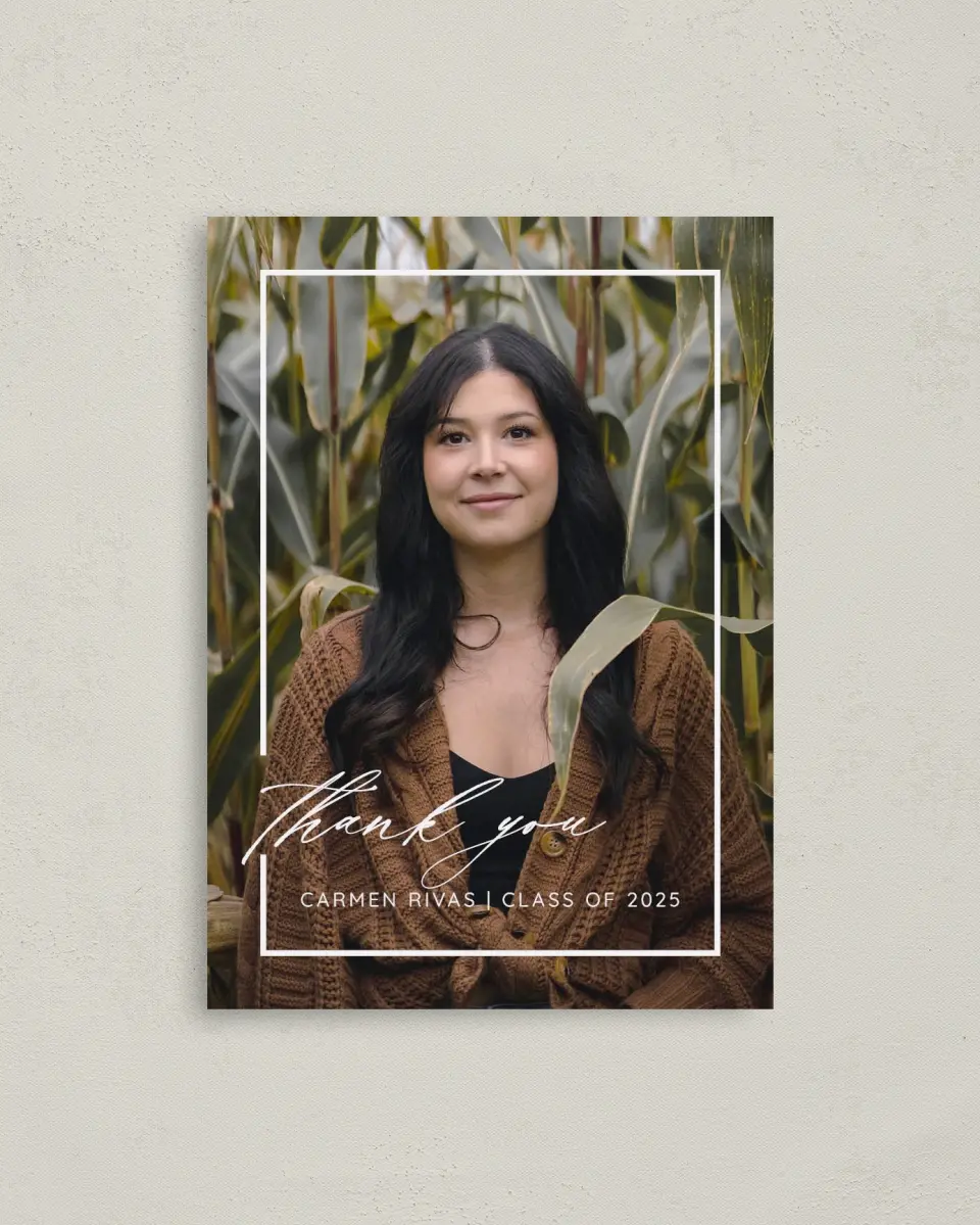 This is a 4" x 5.6" Graduation Thank You Postcard called Brilliant Border printed in full color on Soft Touch Finish paper