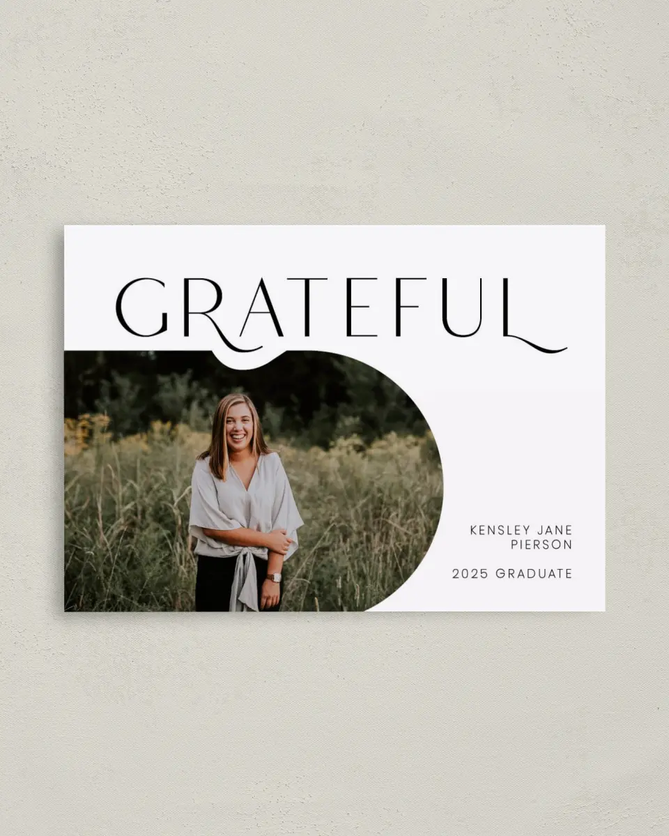 This is a 4" x 5.6" Graduation Thank You Postcard called Modern Scholar printed in full color on Soft Touch Finish paper