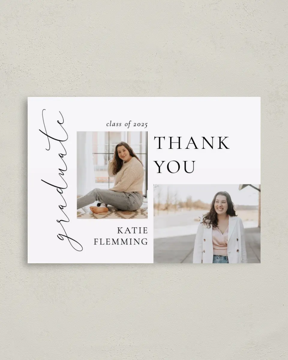 This is a 4" x 5.6" Graduation Thank You Postcard called Chic Three printed in full color on Soft Touch Finish paper
