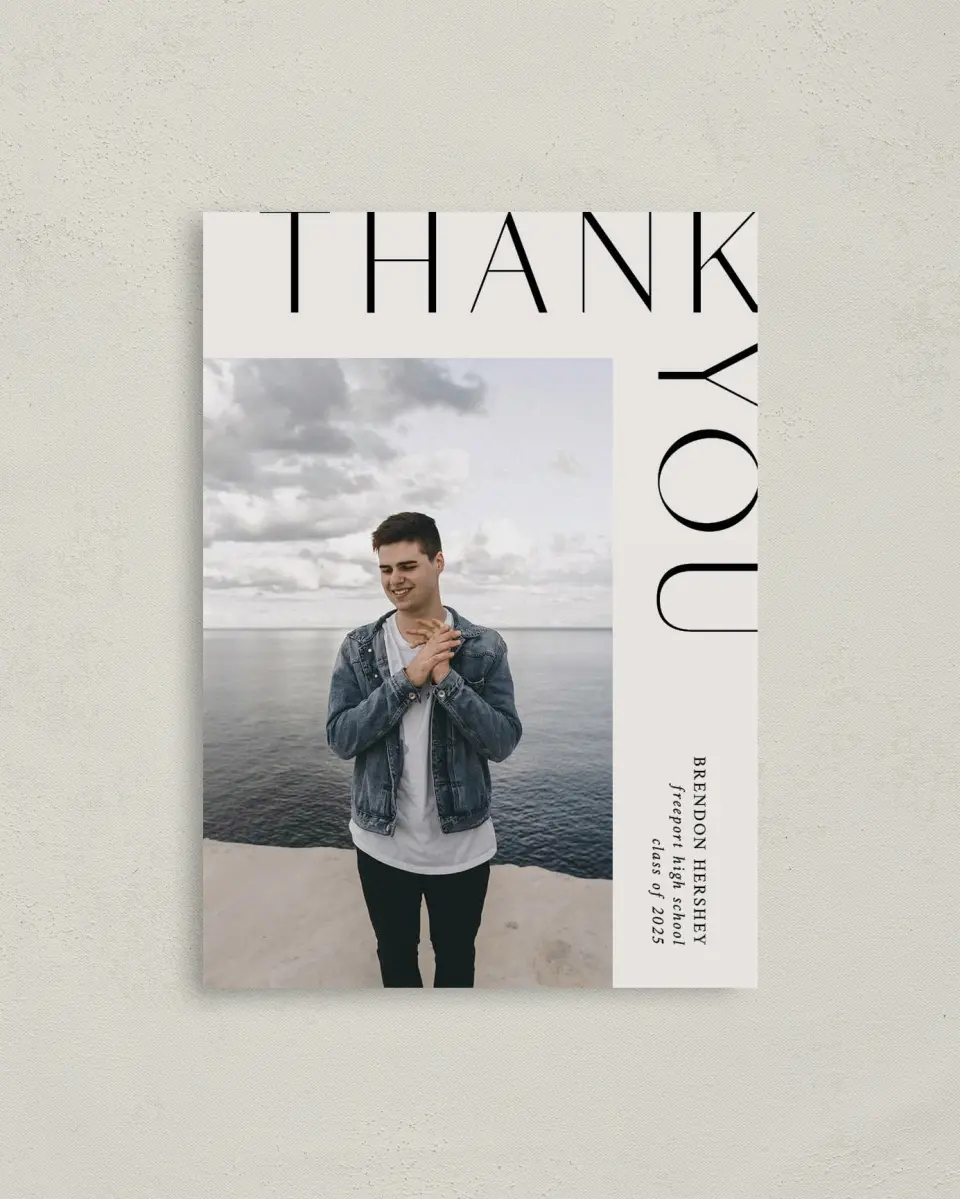 This is a 4" x 5.6" Graduation Thank You Postcard called On the Edge printed in full color on Soft Touch Finish paper