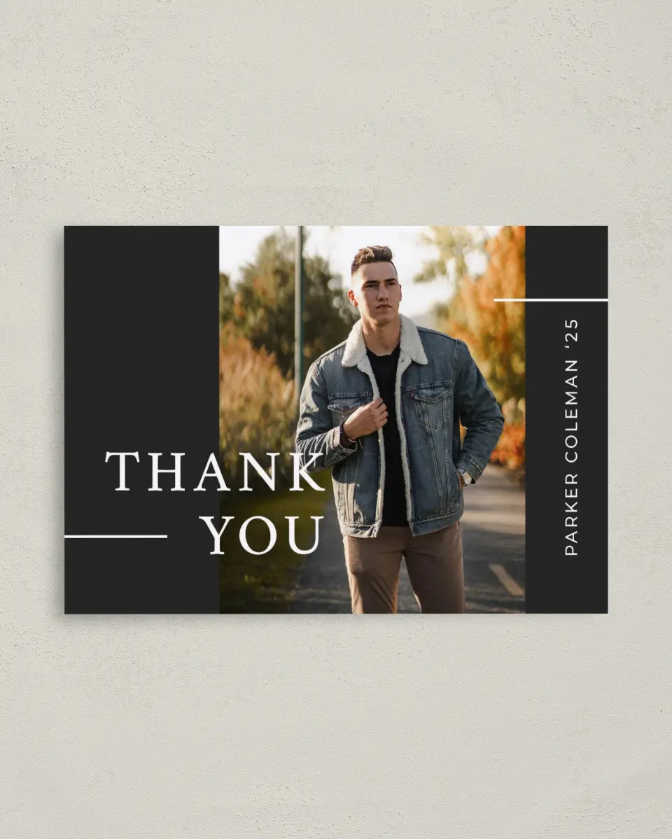 This is a 4" x 5.6" Graduation Thank You Postcard called Simply Lined printed in full color on Soft Touch Finish paper