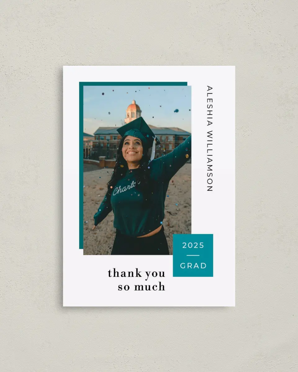 This is a 4" x 5.6" Graduation Thank You Postcard called Fun Celebration printed in full color on Soft Touch Finish paper