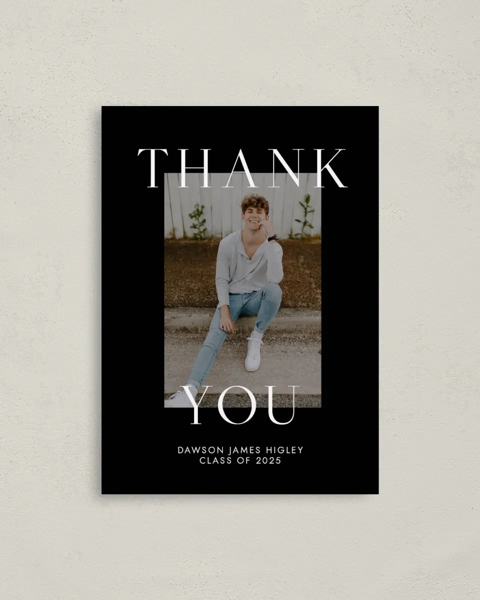 This is a 4" x 5.6" Graduation Thank You Postcard called Cool Class printed in full color on Soft Touch Finish paper