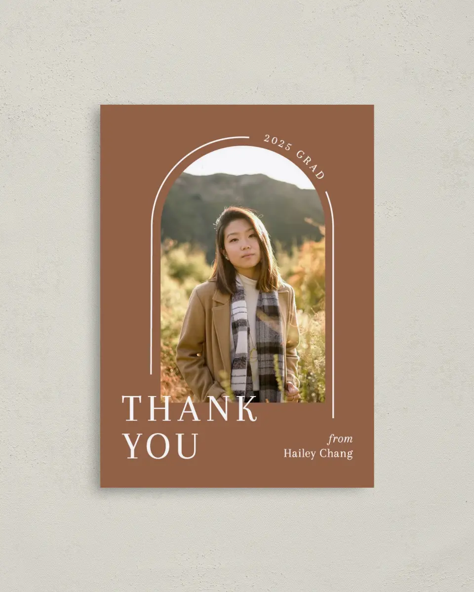 This is a 4" x 5.6" Graduation Thank You Postcard called Arched Grad printed in full color on Soft Touch Finish paper