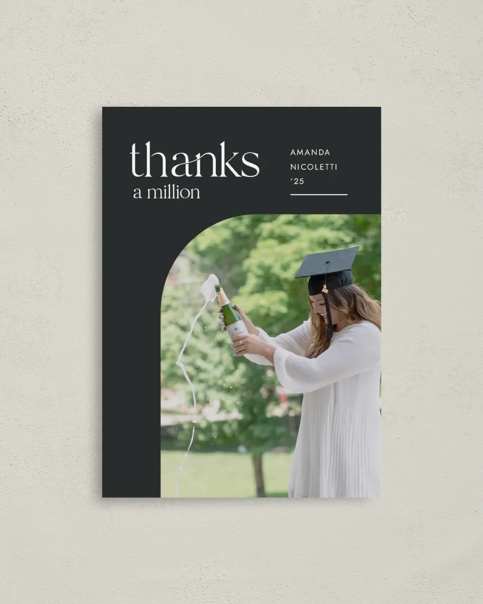 This is a 4" x 5.6" Graduation Thank You Postcard called Cheers Grad printed in full color on Soft Touch Finish paper