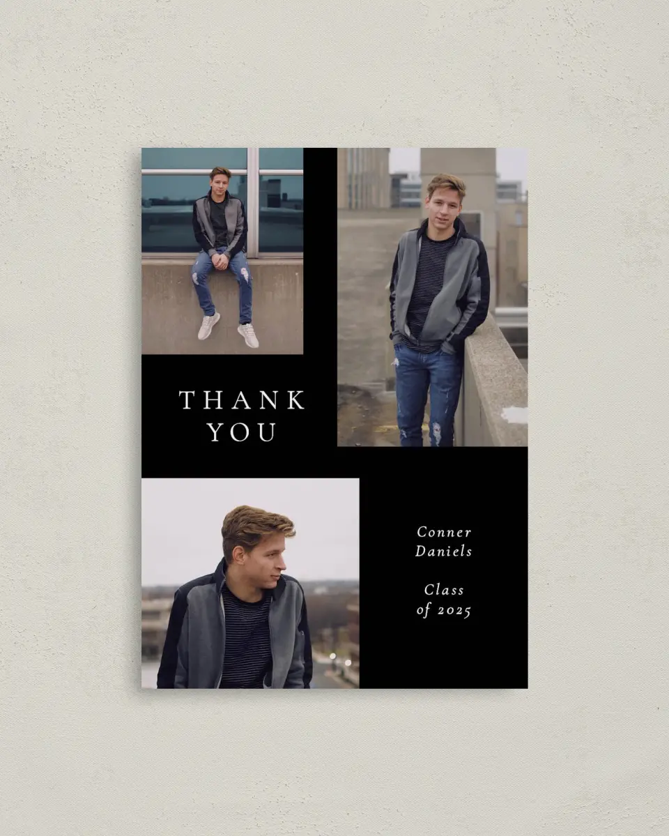 This is a 4" x 5.6" Graduation Thank You Postcard called Graduate Grid printed in full color on Soft Touch Finish paper