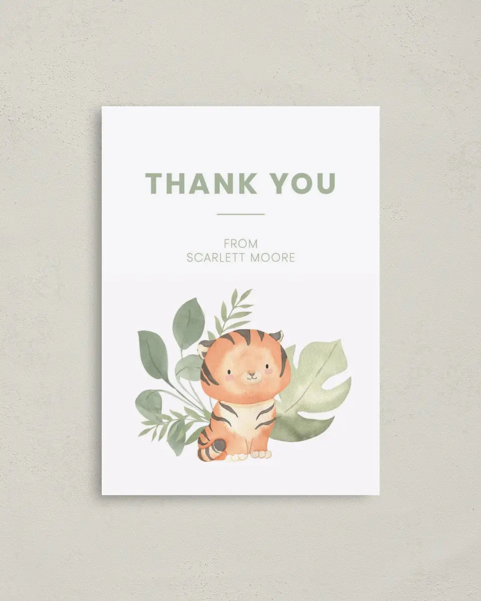 This is a 4" x 5.6" Graduation Thank You Postcard called Baby Tiger printed in full color on Soft Touch Finish paper