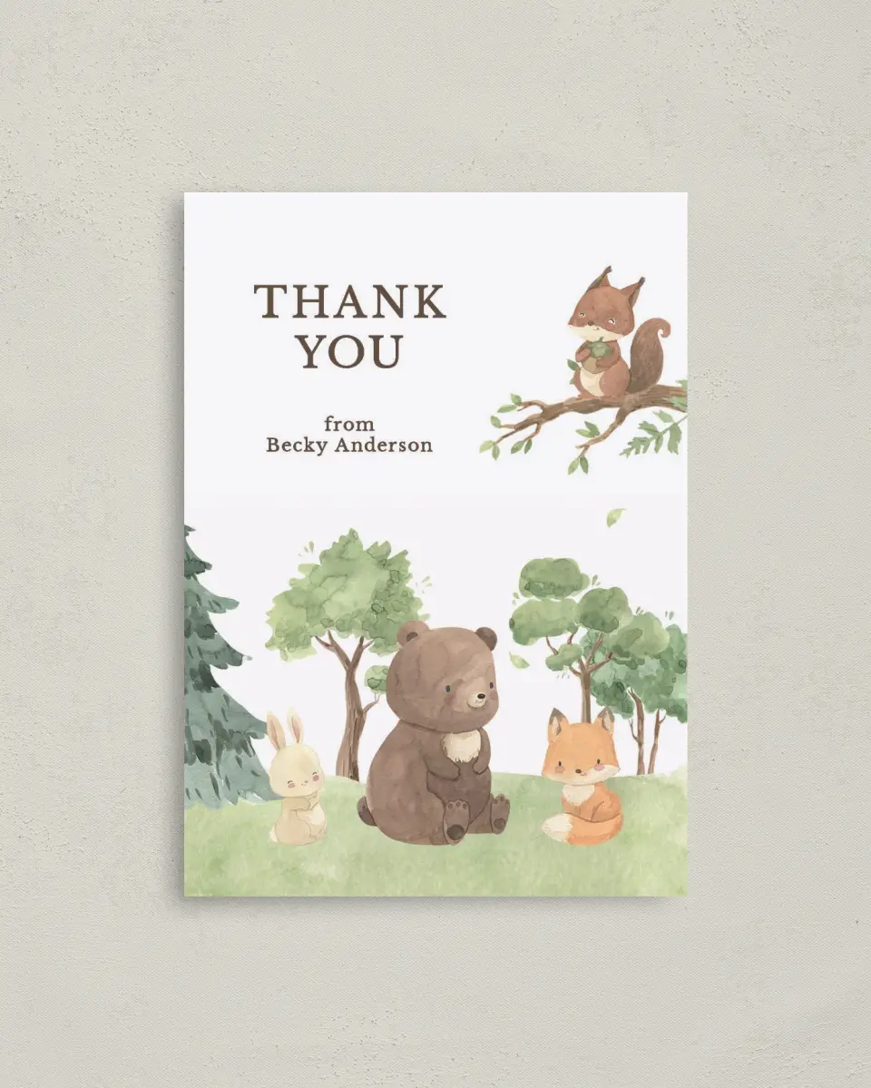 This is a 4" x 5.6" Graduation Thank You Postcard called Woodland Scene printed in full color on Soft Touch Finish paper