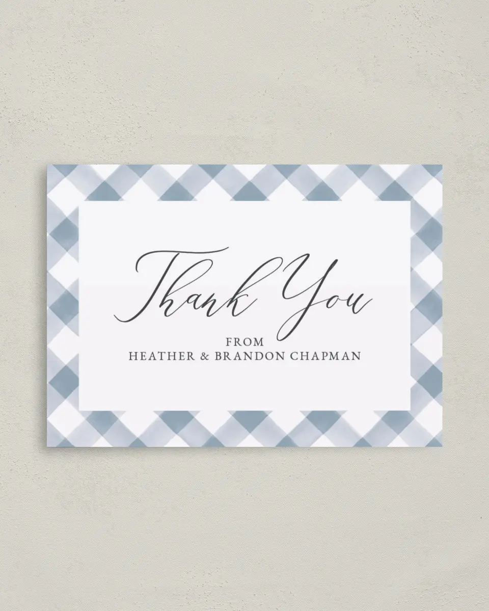 This is a 4" x 5.6" Graduation Thank You Postcard called Checked Frame printed in full color on Soft Touch Finish paper
