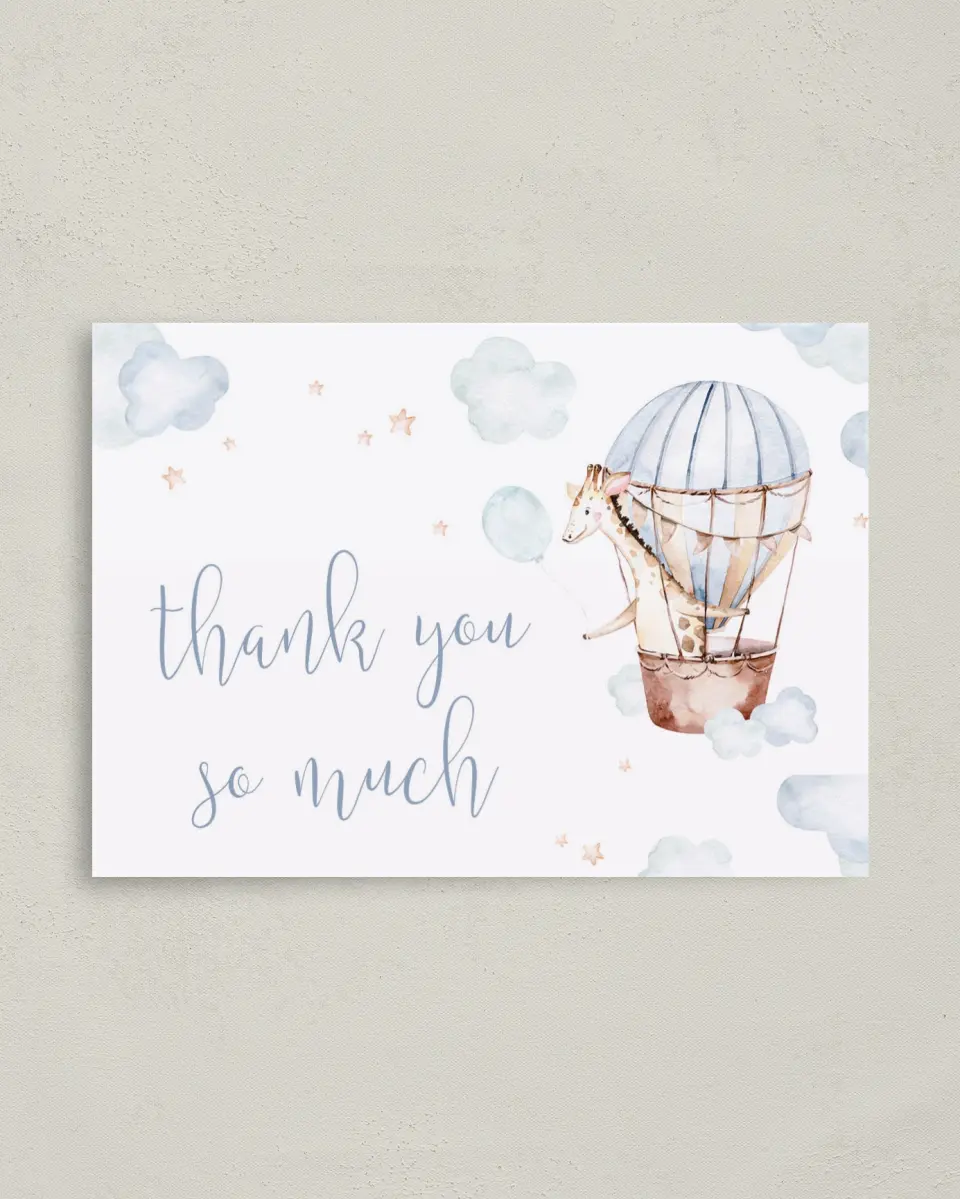 This is a 4" x 5.6" Graduation Thank You Postcard called Baby Balloon Ride printed in full color on Soft Touch Finish paper