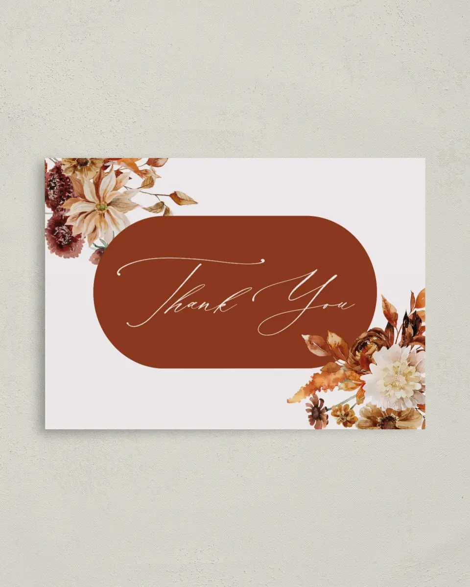 This is a 4" x 5.6" Graduation Thank You Postcard called Autumn Shower printed in full color on Soft Touch Finish paper