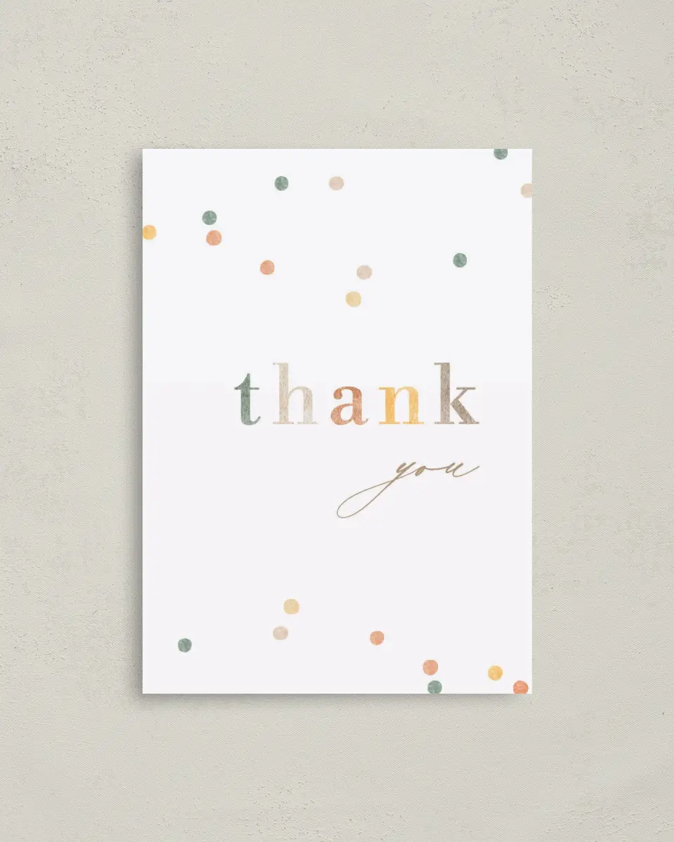 This is a 4" x 5.6" Graduation Thank You Postcard called Cute Confetti printed in full color on Soft Touch Finish paper