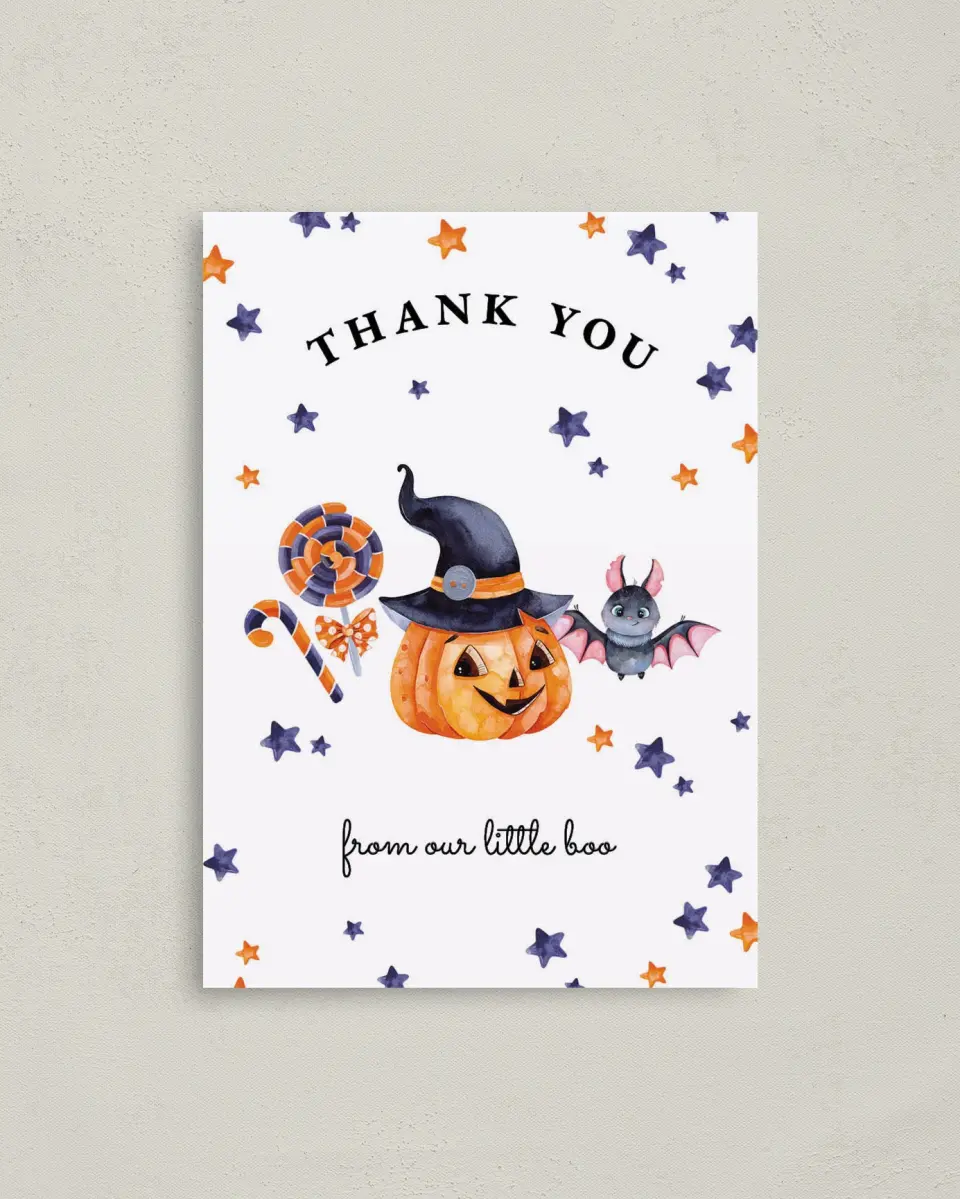 This is a 4" x 5.6" Graduation Thank You Postcard called Little Boo printed in full color on Soft Touch Finish paper