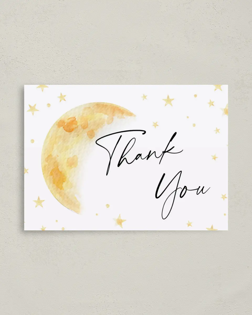 This is a 4" x 5.6" Graduation Thank You Postcard called Over the Moon printed in full color on Soft Touch Finish paper