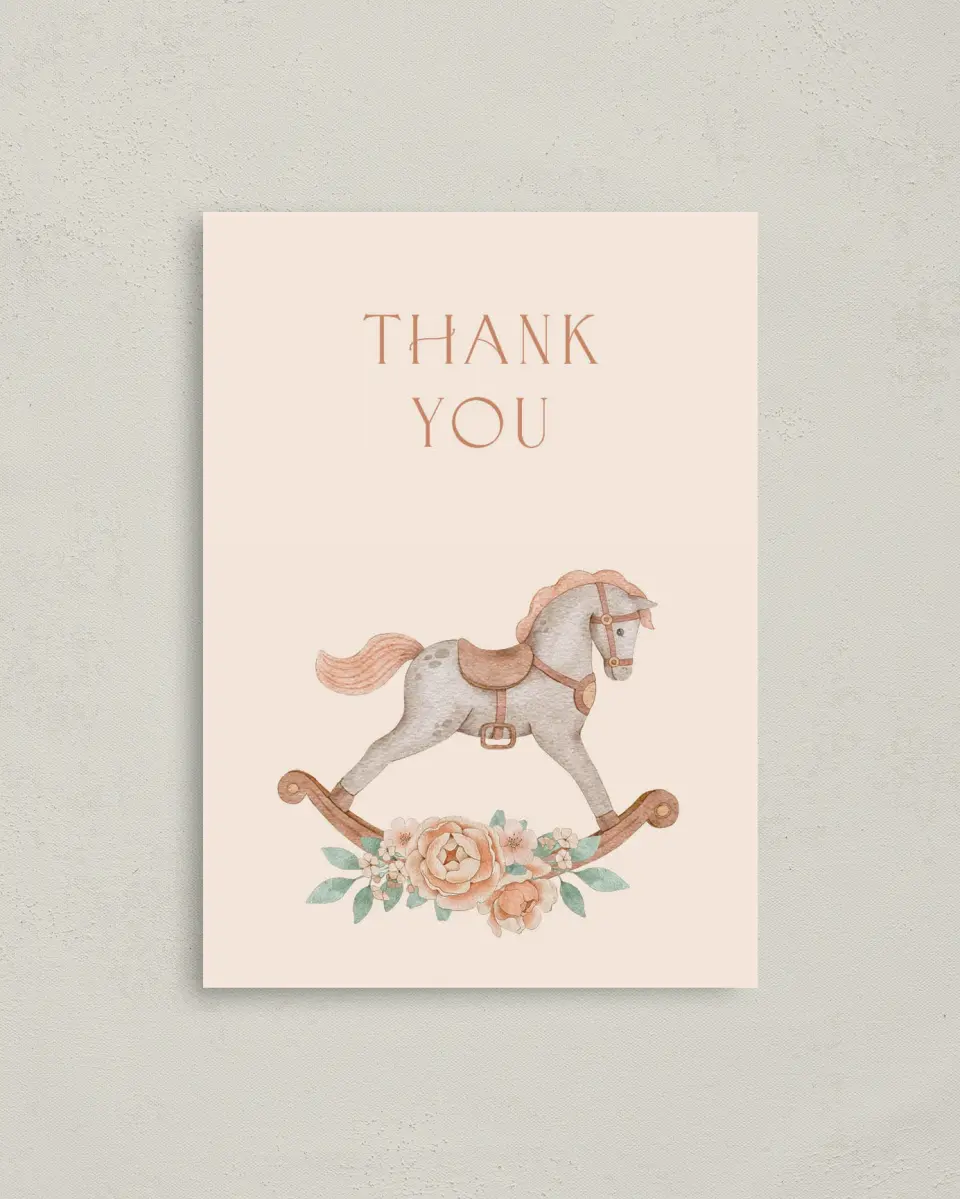 This is a 4" x 5.6" Graduation Thank You Postcard called Rocking Horse printed in full color on Soft Touch Finish paper