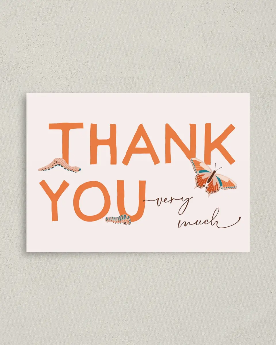 This is a 4" x 5.6" Graduation Thank You Postcard called Little Bug printed in full color on Soft Touch Finish paper