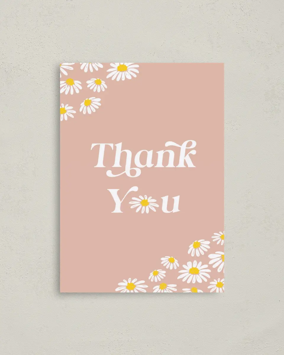 This is a 4" x 5.6" Graduation Thank You Postcard called Daisy Crazy printed in full color on Soft Touch Finish paper
