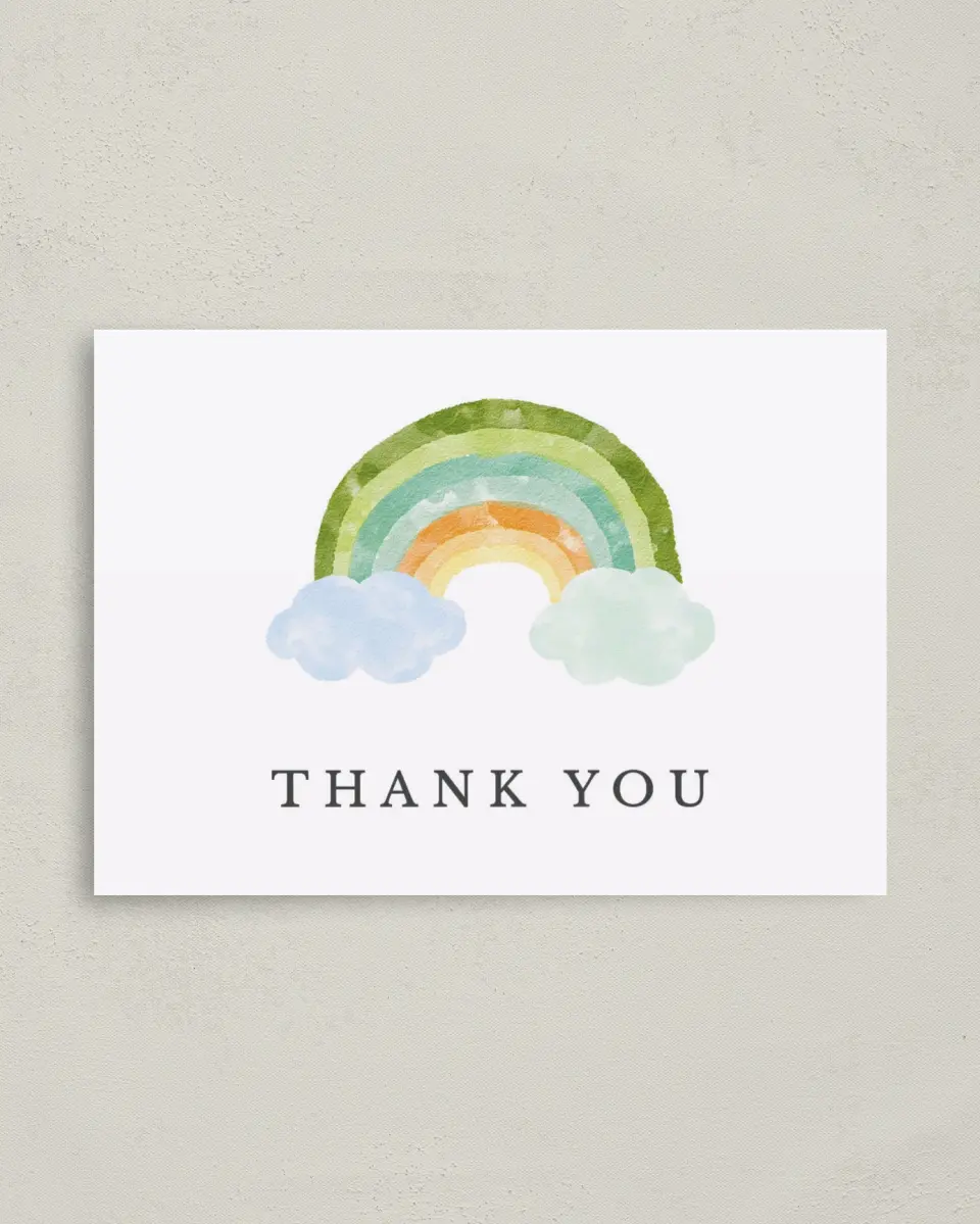 This is a 4" x 5.6" Graduation Thank You Postcard called Rainbow Baby printed in full color on Soft Touch Finish paper