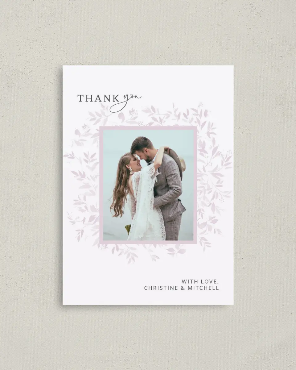 This is a 4" x 5.6" Thank You Postcard called Lush Leaves printed in full color on Soft Touch Finish paper