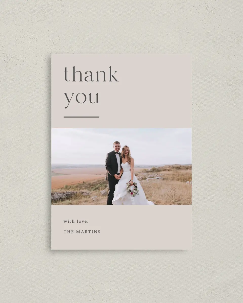 This is a 4" x 5.6" Thank You Postcard called Simple Gathering printed in full color on Soft Touch Finish paper