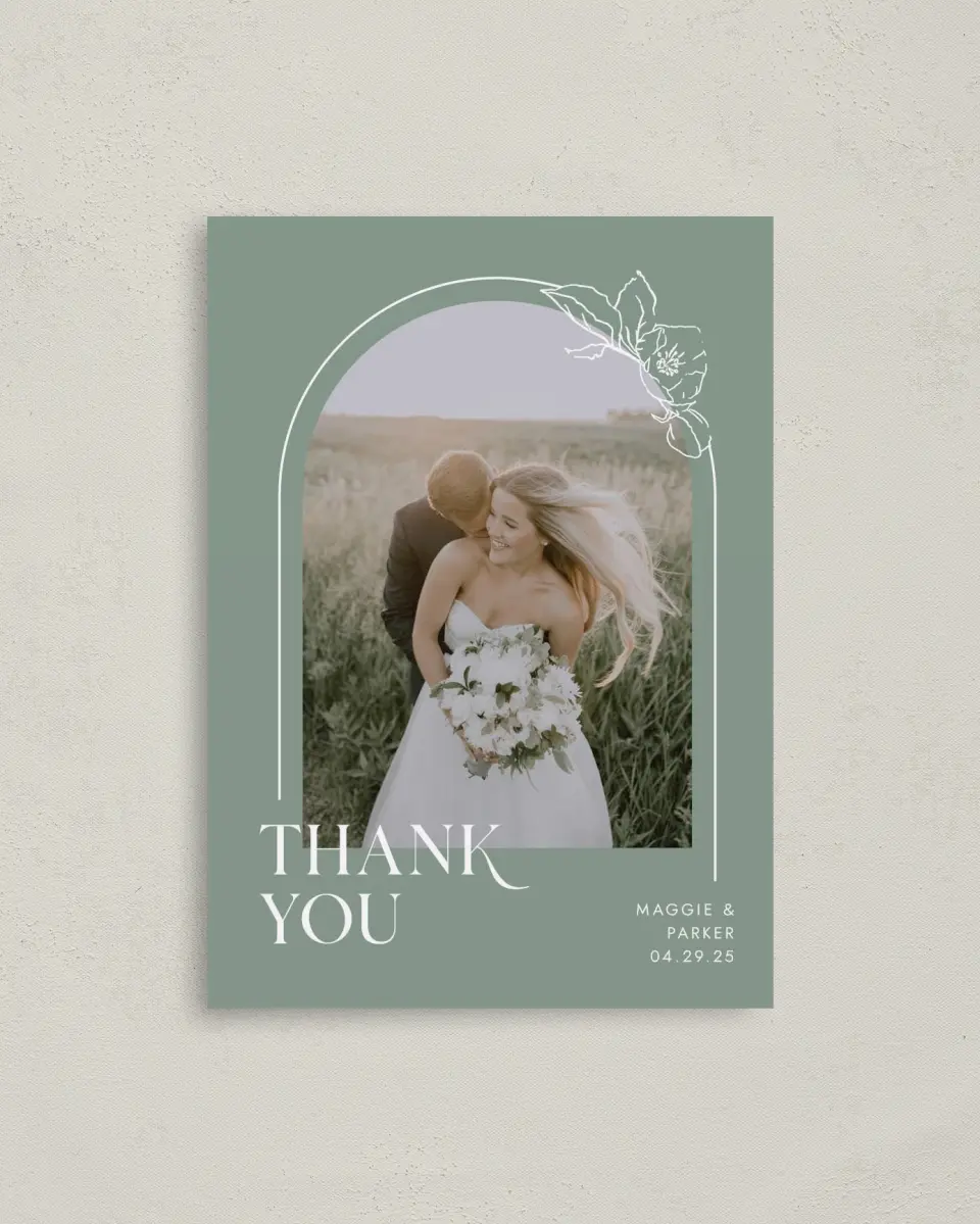 This is a 4" x 5.6" Thank You Postcard called Blossoming Arch printed in full color on Soft Touch Finish paper