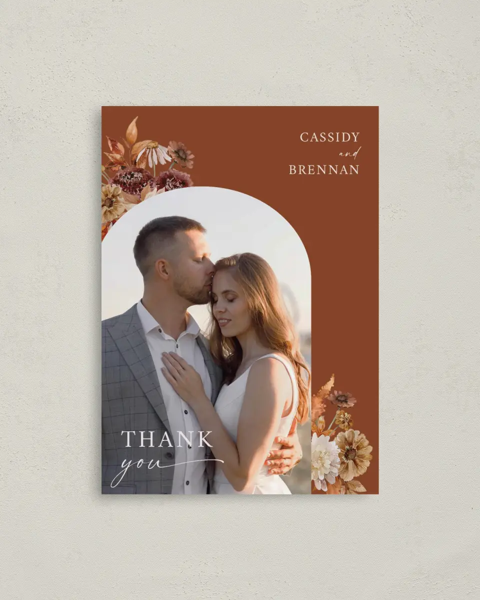This is a 4" x 5.6" Thank You Postcard called Autumn Florals printed in full color on Soft Touch Finish paper