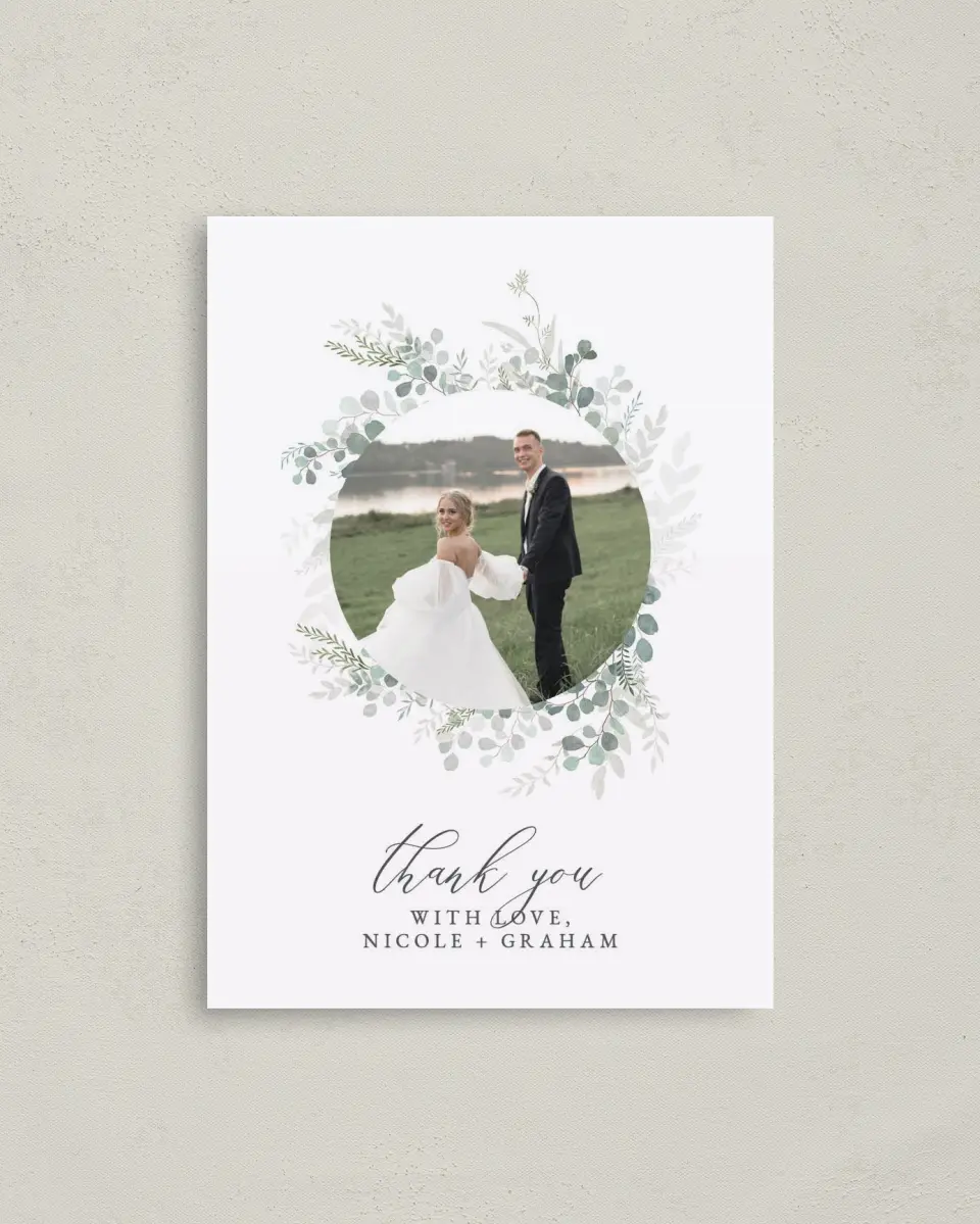 This is a 4" x 5.6" Thank You Postcard called Elegant Greenery printed in full color on Soft Touch Finish paper