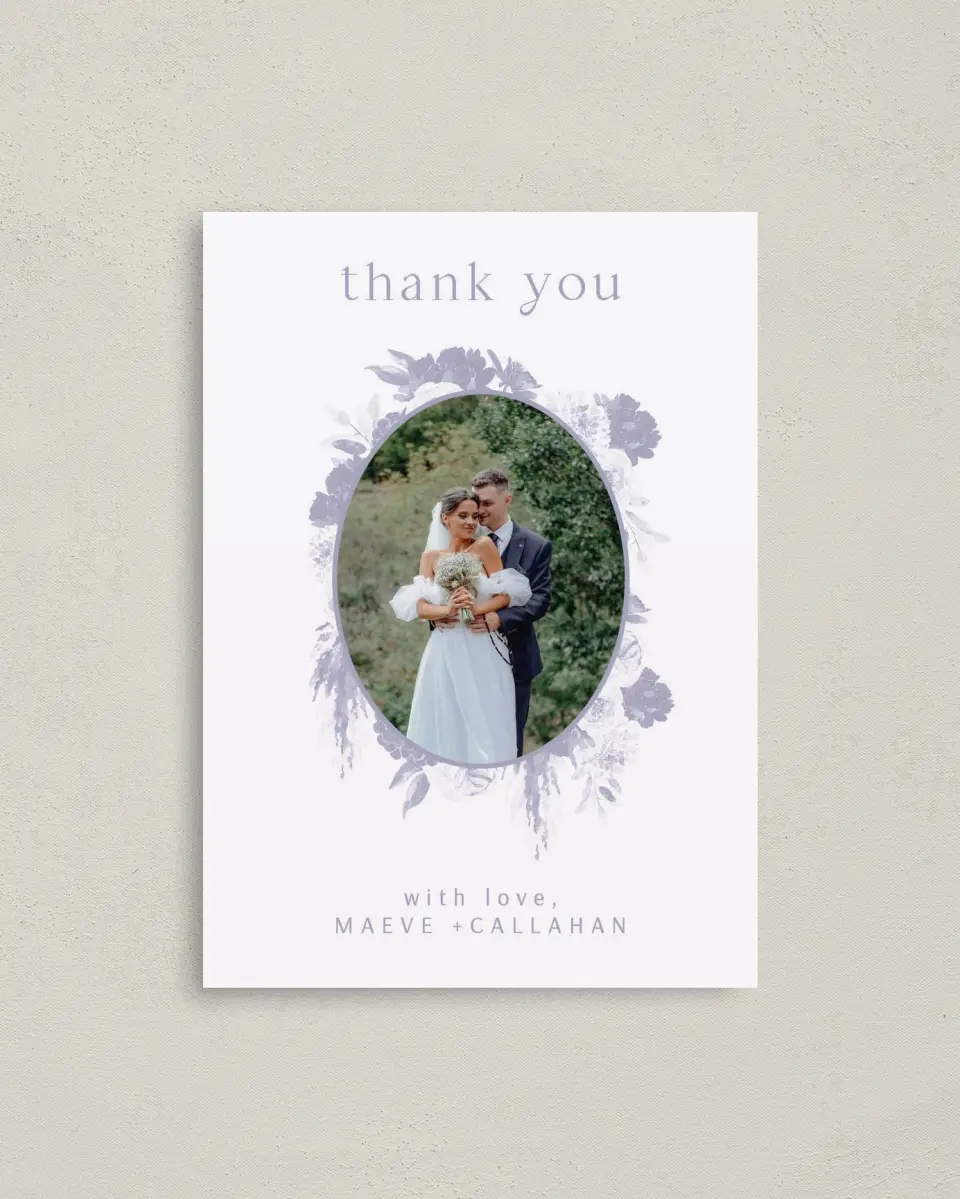 This is a 4" x 5.6" Thank You Postcard called Sweet Botanical printed in full color on Soft Touch Finish paper