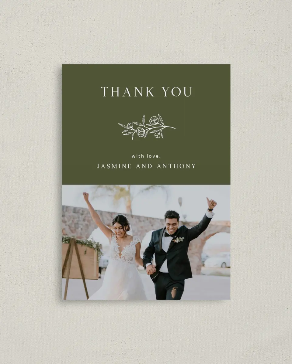 This is a 4" x 5.6" Thank You Postcard called The Jasmine printed in full color on Soft Touch Finish paper