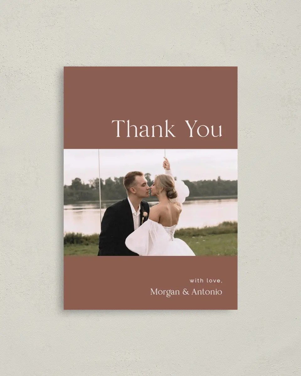 This is a 4" x 5.6" Thank You Postcard called The Morgan printed in full color on Soft Touch Finish paper